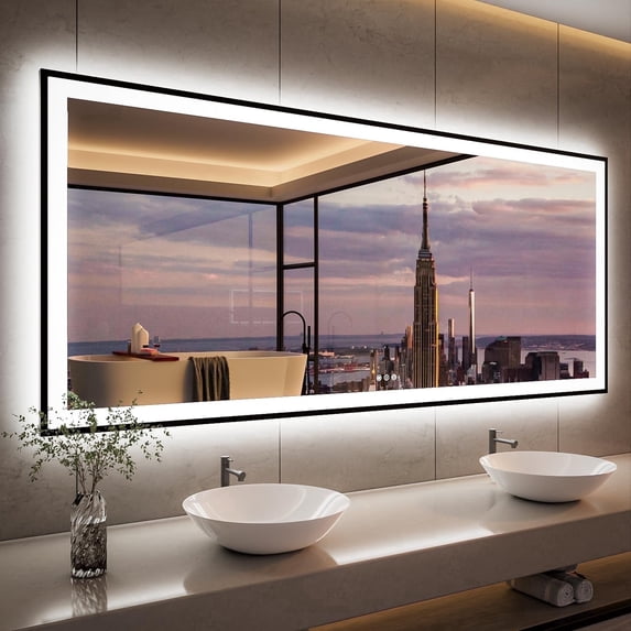 Oversized LED Anti-fog Mirror, 88 x 38 Black Metal Frame Wall Bathroom Mirror, Dimmable by GODCHAR