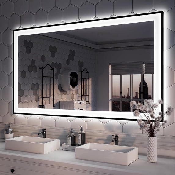 Oversized LED Anti-fog Mirror, 55 x 30 Black Metal Frame Wall Bathroom Mirror, Dimmable by GODCHAR