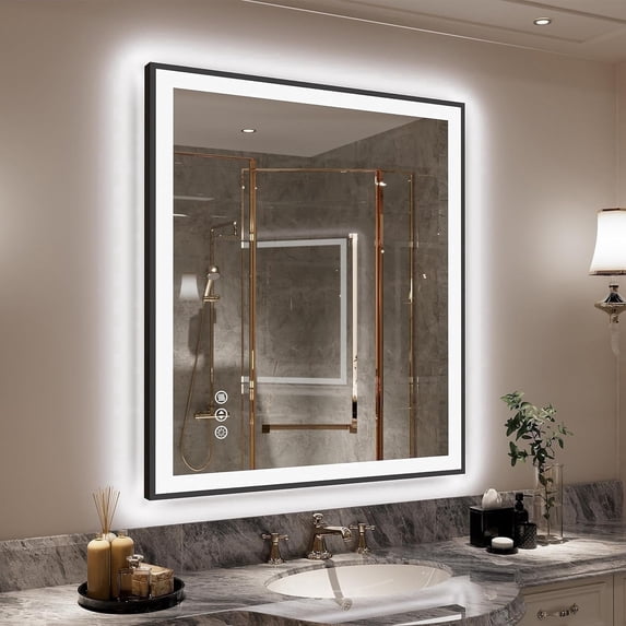 Oversized LED Anti-fog Mirror, 36 x 32 Black Metal Frame Wall Bathroom Mirror, Dimmable by GODCHAR