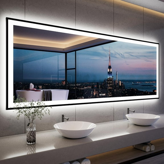 Extra Large Black Framed Front & Back LED Lighted Anti-Fog Wall Bathroom Vanity Mirror in Tempered Glass 96 x 36 inch