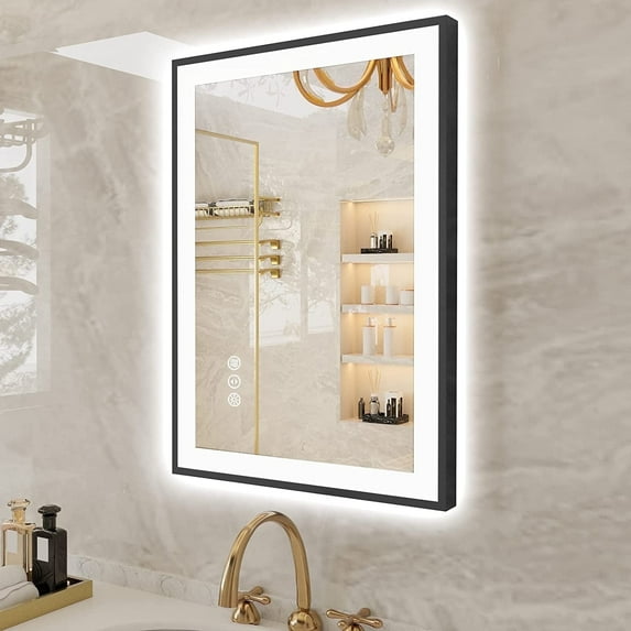 Extra Large Black Framed Front & Back LED Lighted Anti-Fog Wall Bathroom Vanity Mirror in Tempered Glass 28 x 20 inch