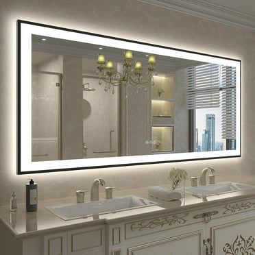 Extra Large Black Framed Front & Back LED Lighted Anti-Fog Wall Bathroom Vanity Mirror in Tempered Glass 72 x 32 inch