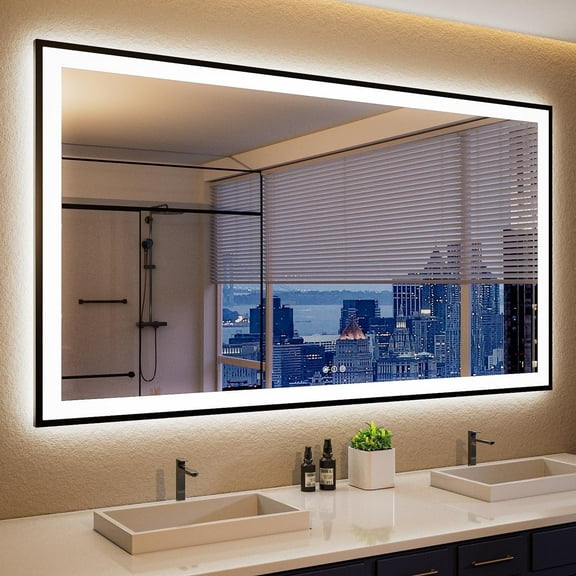 Extra Large Black Framed Front & Back LED Lighted Anti-Fog Wall Bathroom Vanity Mirror in Tempered Glass 60 x 36 inch