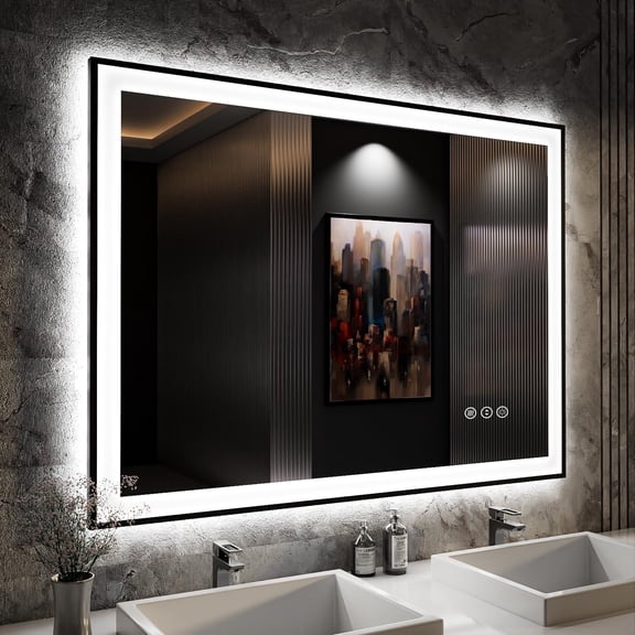 Oversized LED Anti-fog Mirror, 48 x 36 Black Metal Frame Wall Bathroom Mirror, Dimmable by GODCHAR