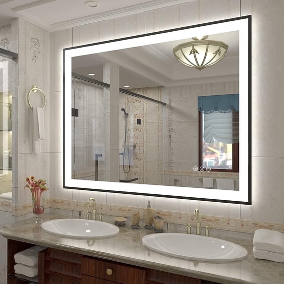 Oversized LED Anti-fog Mirror, 48 x 40 Black Metal Frame Wall Bathroom Mirror, Dimmable by GODCHAR