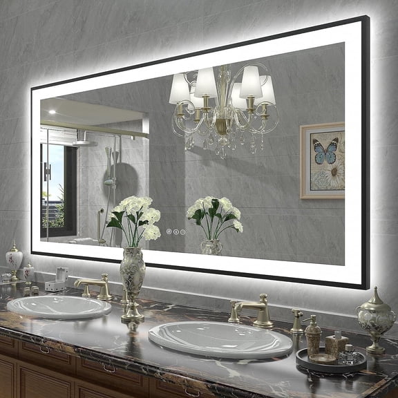 Oversized LED Anti-fog Mirror, 72 x 36 Black Metal Frame Wall Bathroom Mirror, Dimmable by GODCHAR