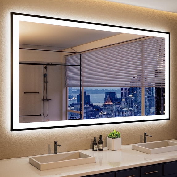 Oversized LED Anti-fog Mirror, 60 x 36 Black Metal Frame Wall Bathroom Mirror, Dimmable by GODCHAR
