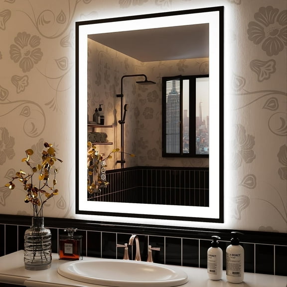 Extra Large Black Framed Front & Back LED Lighted Anti-Fog Wall Bathroom Vanity Mirror in Tempered Glass 32 x 24 inch