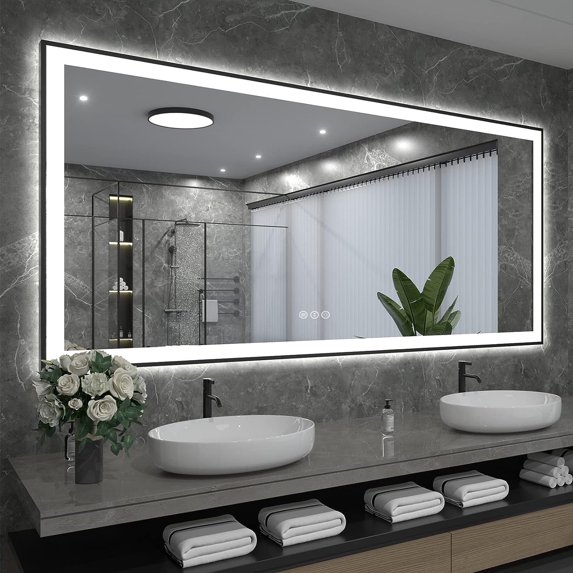 Extra Large Black Framed Front & Back LED Lighted Anti-Fog Wall Bathroom Vanity Mirror in Tempered Glass