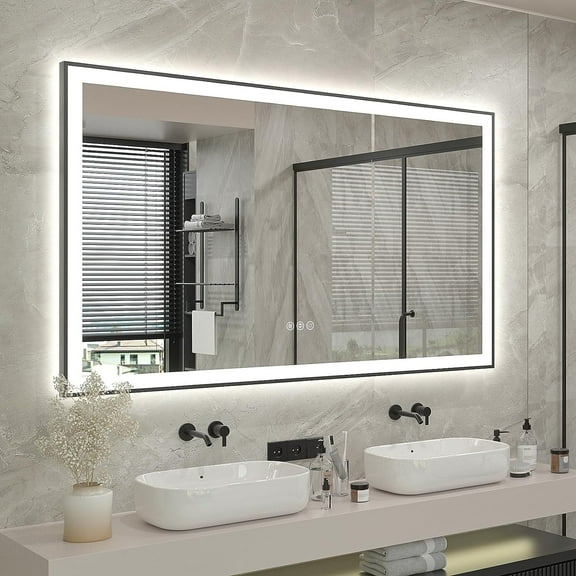 Extra Large Black Framed Front & Back LED Lighted Anti-Fog Wall Bathroom Vanity Mirror in Tempered Glass 60 x 40 inch