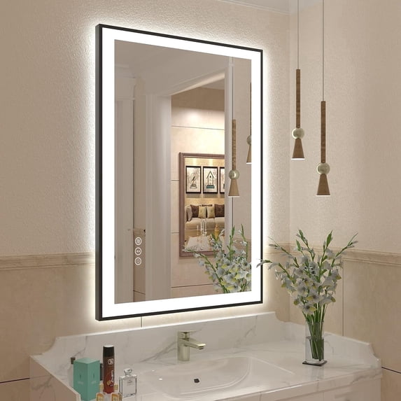 Oversized LED Anti-fog Mirror, 36 x 24 Black Metal Frame Wall Bathroom Mirror, Dimmable by GODCHAR