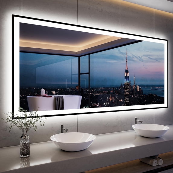 Oversized LED Anti-fog Mirror, 84 x 40 Black Metal Frame Wall Bathroom Mirror, Dimmable by GODCHAR