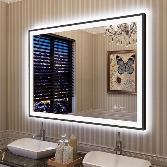 Oversized LED Anti-fog Mirror, 40 x 32 Black Metal Frame Wall Bathroom Mirror, Dimmable by GODCHAR