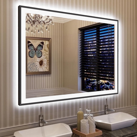 Oversized LED Anti-fog Mirror, 40 x 30 Black Metal Frame Wall Bathroom Mirror, Dimmable by GODCHAR