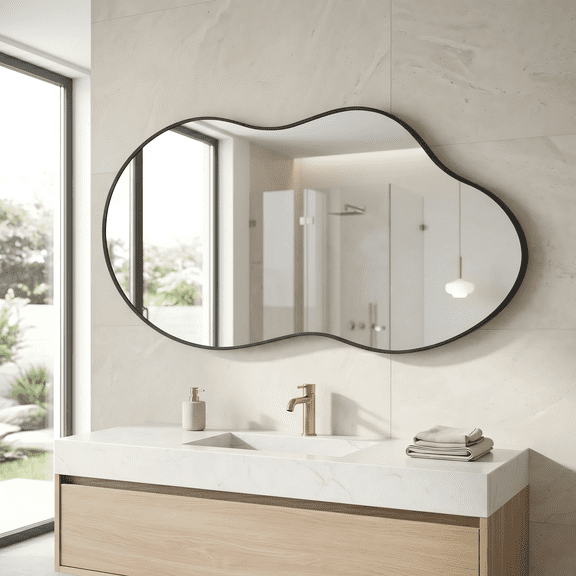 GODCHAR Asymmetrical Mirror 32"x20" Bathroom Vanity Irregular Wall Black Framed