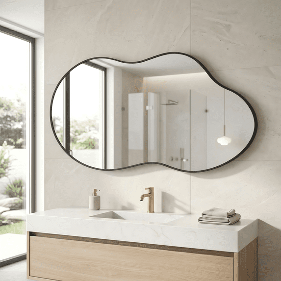 GODCHAR Asymmetrical Mirror 32"x20" Bathroom Vanity Irregular Wall Black Framed