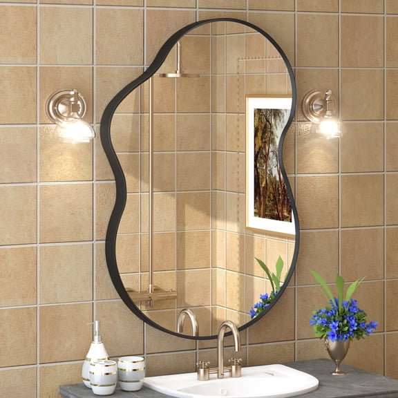 Apmir Irregular Wall Mirror Bathroom Vanity Mirror Asymmetrical Black Framed