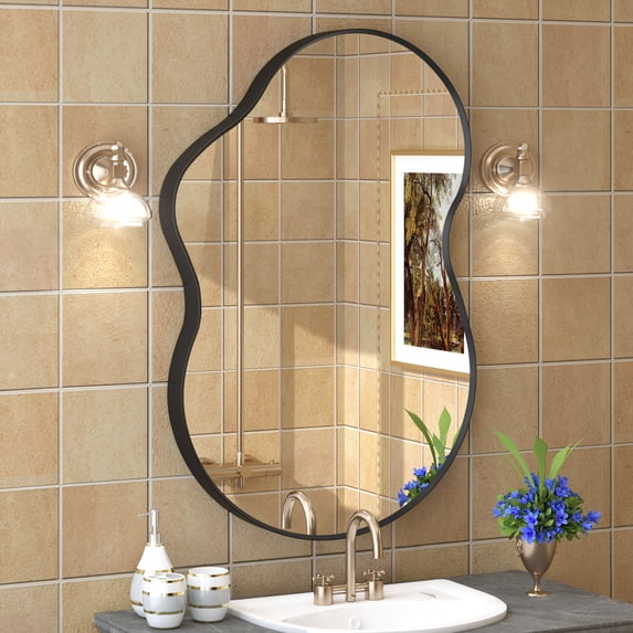 GODCHAR Asymmetrical Mirror 36"x24" Bathroom Vanity Irregular Wall Black Framed