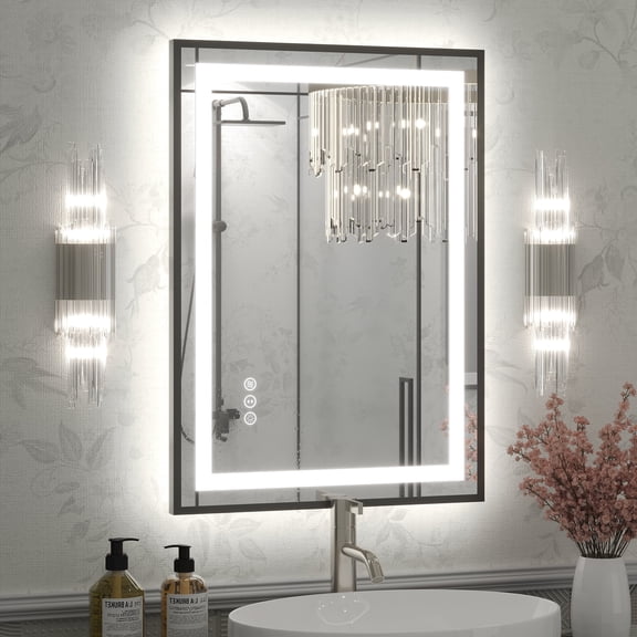 GODCHAR LED Bathroom Mirror Rectangular Anti-Fog Modern Style Mirror in Tempered Glass Black Frame 28x20 inch