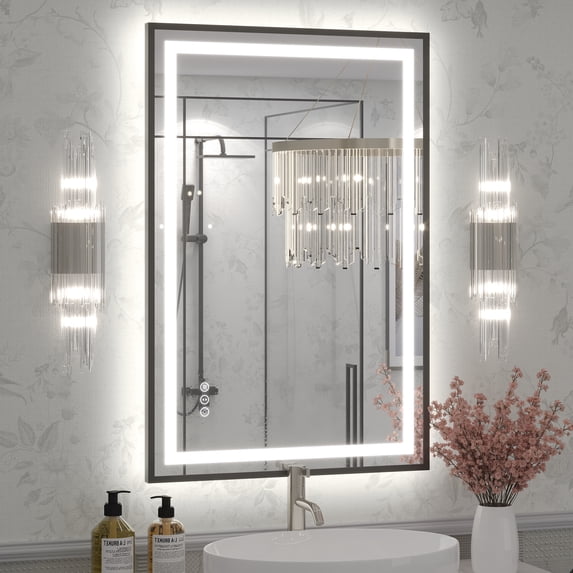 GODCHAR LED Bathroom Mirror Rectangular Anti-Fog Modern Style Mirror in Tempered Glass Black Frame 36x24 inch