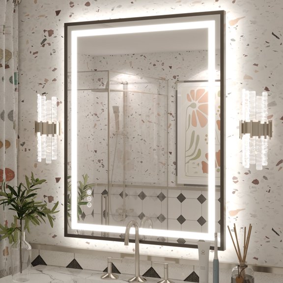 GODCHAR LED Bathroom Mirror Rectangular Anti-Fog Modern Style Mirror in Tempered Glass Black Frame 36x28 inch