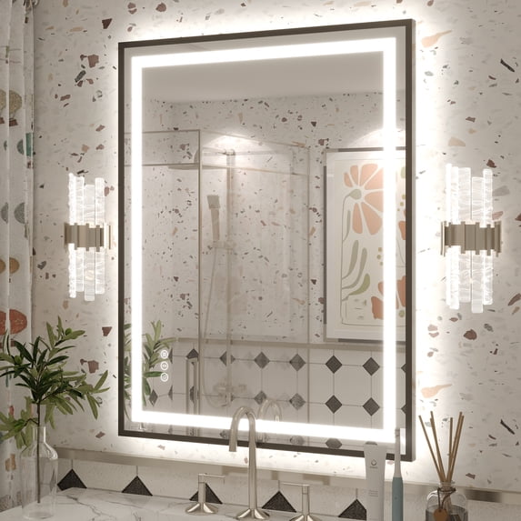 GODCHAR LED Bathroom Mirror Rectangular Anti-Fog Modern Style Mirror in Tempered Glass Black Frame 36x28 inch
