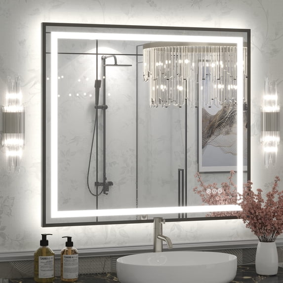 GODCHAR LED Bathroom Mirror Rectangular Anti-Fog Modern Style Mirror in Tempered Glass Black Frame 36x32 inch