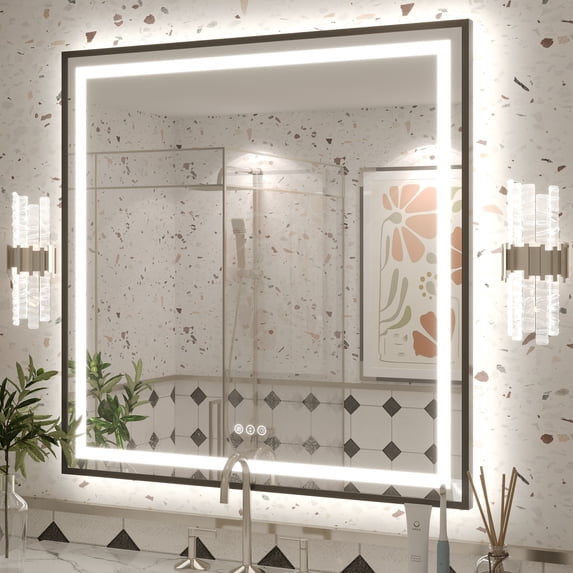 GODCHAR LED Bathroom Mirror Rectangular Anti-Fog Modern Style Mirror in Tempered Glass Black Frame 36x36 inch