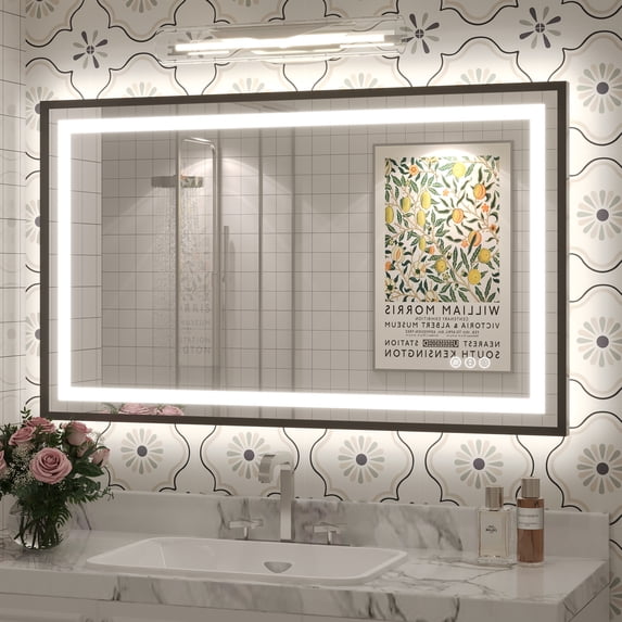 GODCHAR LED Bathroom Mirror Rectangular Anti-Fog Modern Style Mirror in Tempered Glass Black Frame 40x24 inch