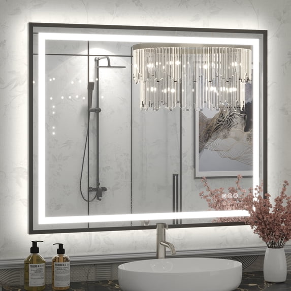 GODCHAR LED Bathroom Mirror Rectangular Anti-Fog Modern Style Mirror in Tempered Glass Black Frame 40x32 inch