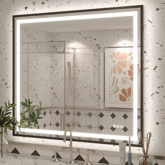 GODCHAR LED Bathroom Mirror Rectangular Anti-Fog Modern Style Mirror in Tempered Glass Black Frame 40x36 inch