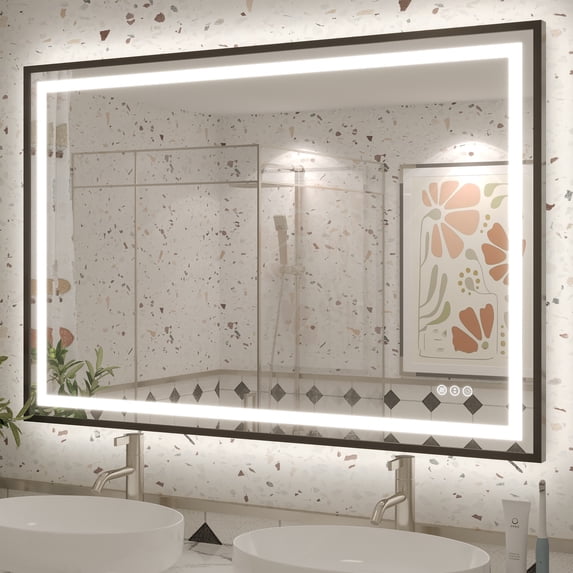 GODCHAR LED Bathroom Mirror Rectangular Anti-Fog Modern Style Mirror in Tempered Glass Black Frame 48x32 inch