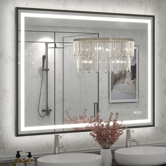 GODCHAR LED Bathroom Mirror Rectangular Anti-Fog Modern Style Mirror in Tempered Glass Black Frame 48x36 inch