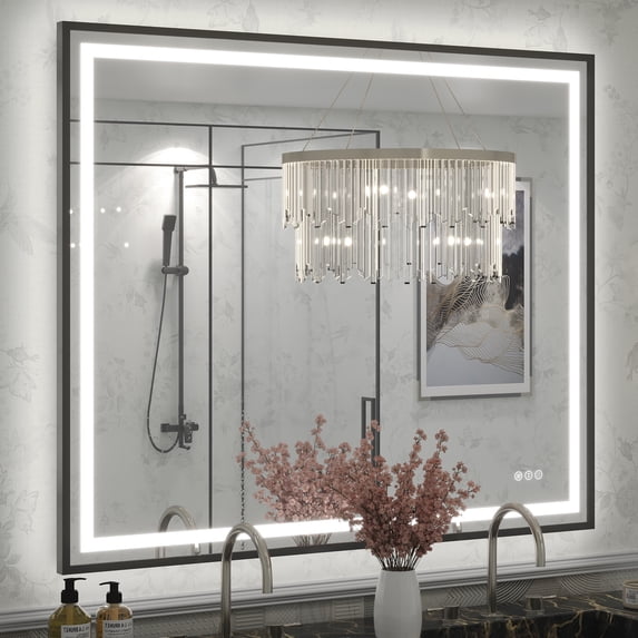GODCHAR LED Bathroom Mirror Rectangular Anti-Fog Modern Style Mirror in Tempered Glass Black Frame 48x40 inch