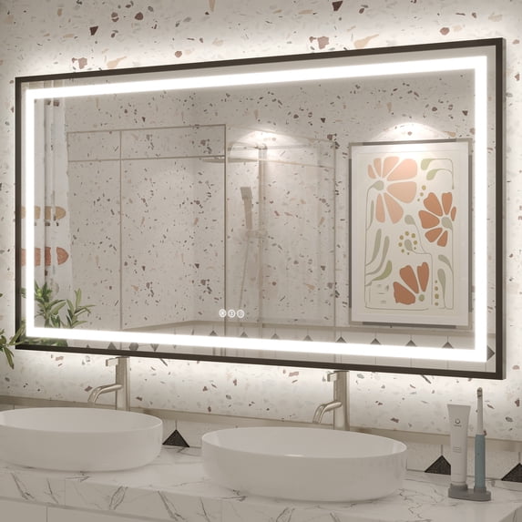GODCHAR LED Bathroom Mirror Rectangular Anti-Fog Modern Style Mirror in Tempered Glass Black Frame 55x30 inch