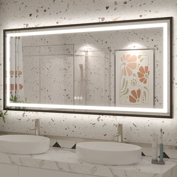 GODCHAR LED Bathroom Mirror Rectangular Anti-Fog Modern Style Mirror in Tempered Glass Black Frame 60x28 inch