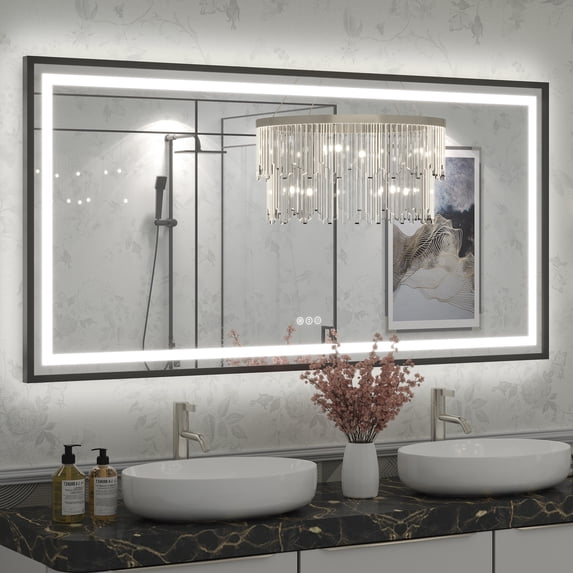 GODCHAR LED Bathroom Mirror Rectangular Anti-Fog Modern Style Mirror in Tempered Glass Black Frame 60x30 inch
