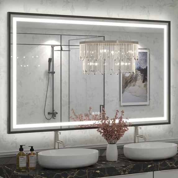 GODCHAR LED Bathroom Mirror Rectangular Anti-Fog Modern Style Mirror in Tempered Glass Black Frame 60x36 inch