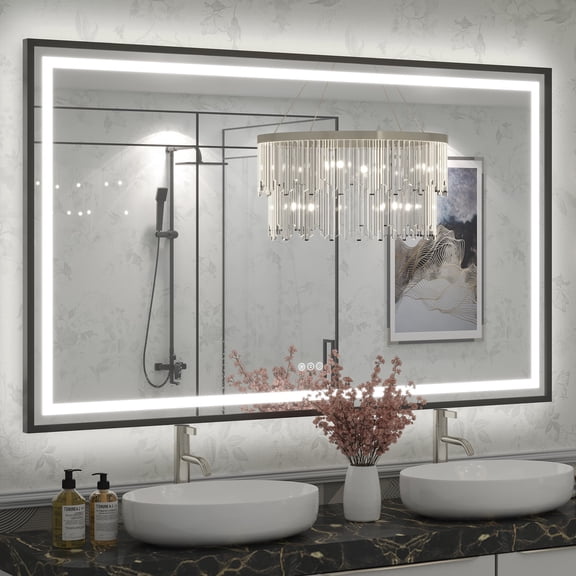 GODCHAR LED Bathroom Mirror Rectangular Anti-Fog Modern Style Mirror in Tempered Glass Black Frame 60x36 inch