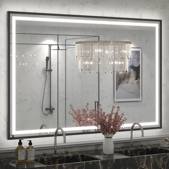 GODCHAR LED Bathroom Mirror Rectangular Anti-Fog Modern Style Mirror in Tempered Glass Black Frame 60x40 inch