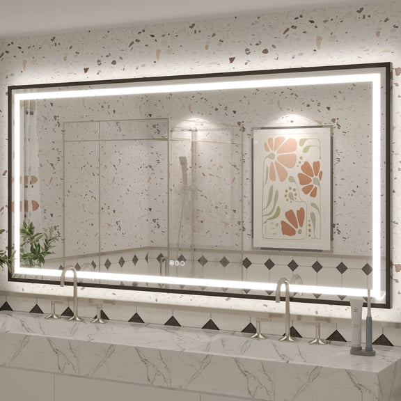 GODCHAR LED Bathroom Mirror Rectangular Anti-Fog Modern Style Mirror in Tempered Glass Black Frame 72x36 inch