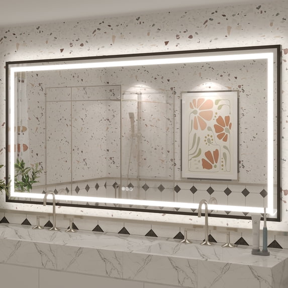 GODCHAR LED Bathroom Mirror Rectangular Anti-Fog Modern Style Mirror in Tempered Glass Black Frame 72x36 inch