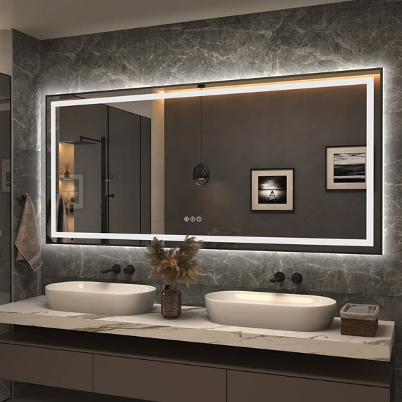 Apmir LED Bathroom Mirror Rectangular Anti-Fog Modern Style Mirror in Tempered Glass Black Frame 77x36 inch