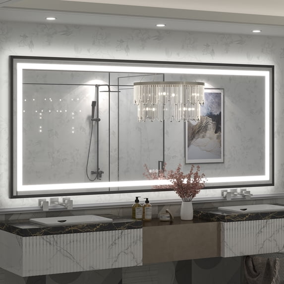 GODCHAR LED Bathroom Mirror Rectangular Anti-Fog Modern Style Mirror in Tempered Glass Black Frame 88x38 inch