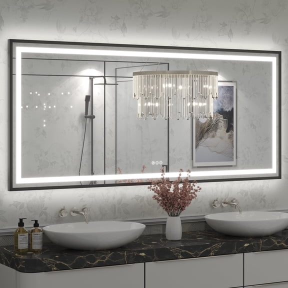 GODCHAR LED Bathroom Mirror Rectangular Anti-Fog Modern Style Mirror in Tempered Glass Black Frame Black Frame 72x32 inch