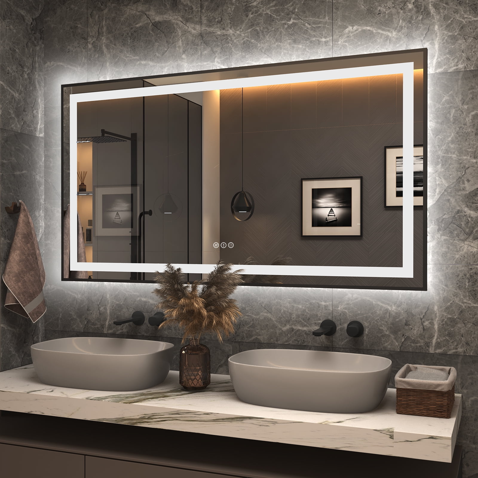 Apmir LED Bathroom Mirror Rectangular Framed Front & Back Lighted Anti ...
