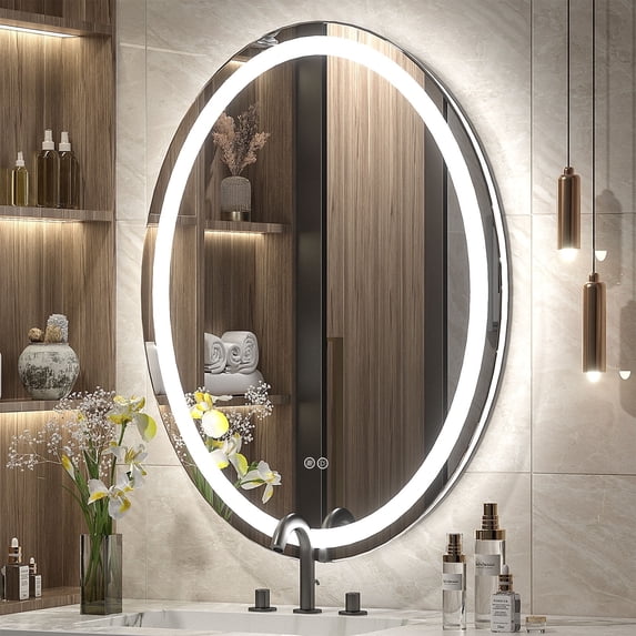 GODCHAR 28x20 inch Oval LED Wall Mirror with Front and Backlit,AntiFog Frameless Bathroom Vanity Mirror Dimmable 3 Colors