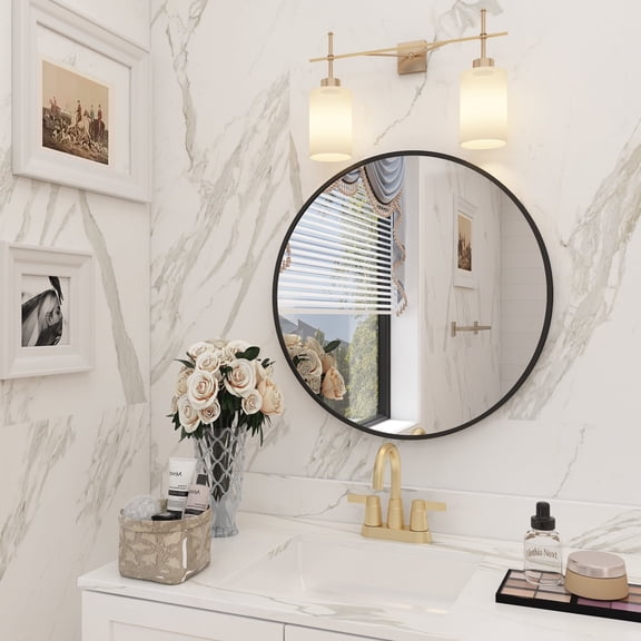 GODCHAR Round Aluminum Alloy Framed French Cleat Mounted Wall Decor Bathroom Vanity Mirror in Matte Black 24 inch