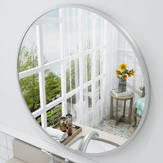 Apmir Round Aluminum Alloy Framed French Cleat Mounted Wall Decor Bathroom Vanity Mirror in Matte silvery 18 inch