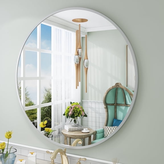GODCHAR Round Aluminum Alloy Framed French Cleat Mounted Wall Decor Bathroom Vanity Mirror in Matte silvery 30 inch